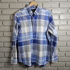 Ralph Lauren Mens Dress Shirt Flesh Pony Blue Plaid Button Up Long Sleeve